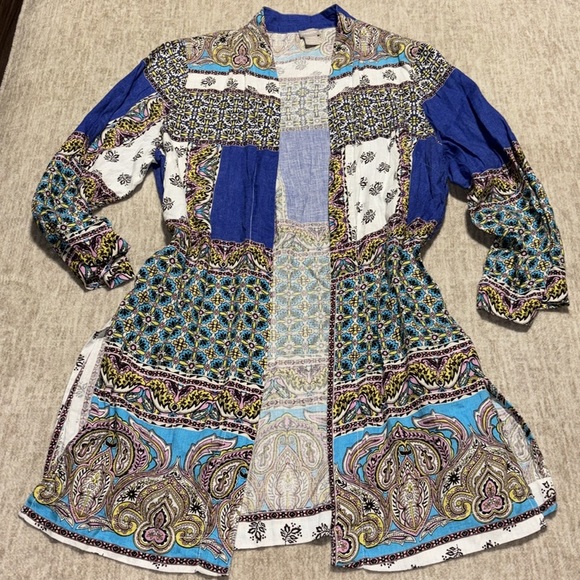 Chico's sz 2 12/14 100% linen open cardigan duster l/xl paisley blue Easter - Picture 2 of 8